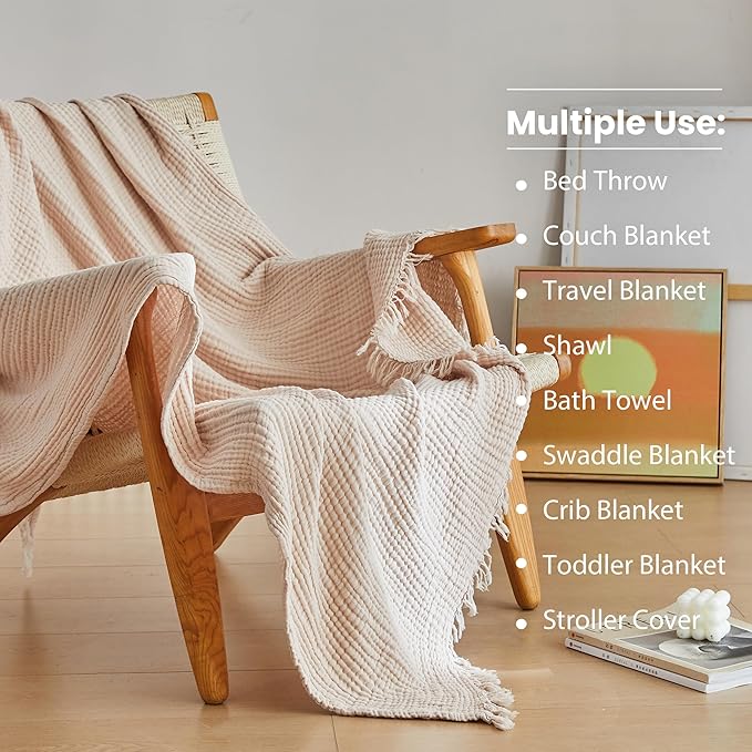 Simple&Opulence Cotton Muslin Throw Blanket 4 Layers for Bed, Couch, Woven Gauze Blanket with Tassels, Soft Lightweight Cozy Pre-Washed Breathable Farmhouse Decoration for All-Season(Light Khaki)
