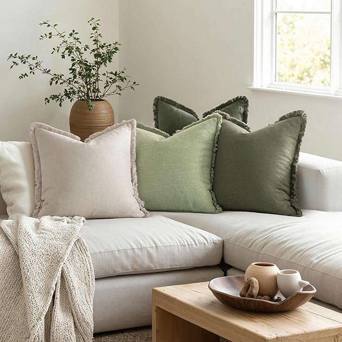 MIULEE Decorative Couch Pillow Covers Neutral Linen Fringe Throw Pillows Set of 4 Boho Farmhouse Soft Accent Cushions for Bed Sofa Living Room Spring Home Decor 20x20 Inch Beige/Sage Green