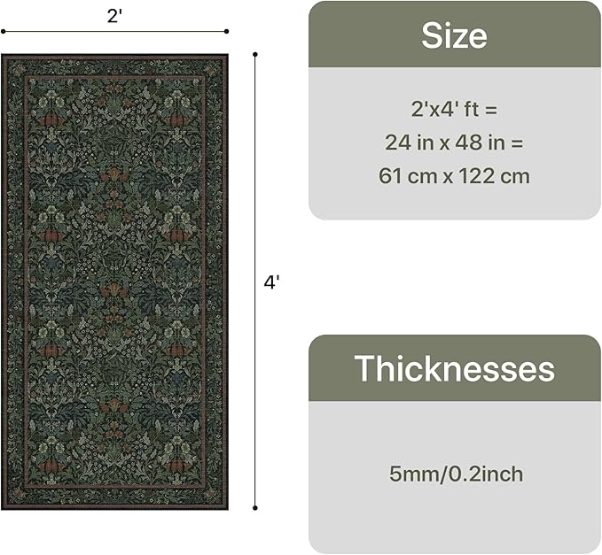 GENIMO 2x4 Washable Small Entryway Rug, Non-Slip Front Door Mat for Kitchen, Bathroom, Laundry, Vintage Boho Floral Thin Indoor Carpet, Dark Green