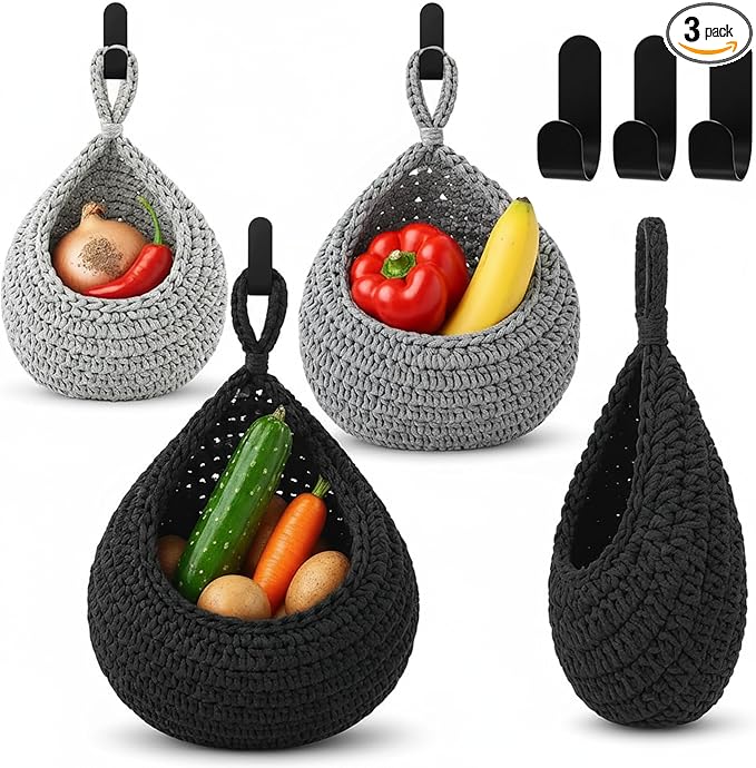 Honeydak Boho Decor Hanging Wall Baskets for Kitchen 3 Pack Teardrop Baskets with Hooks Storage Fruit Onion Vegetable Potato for Home 3 Sizes(Light Grey, White, Dark Grey,Teardrop,Cotton Rope)