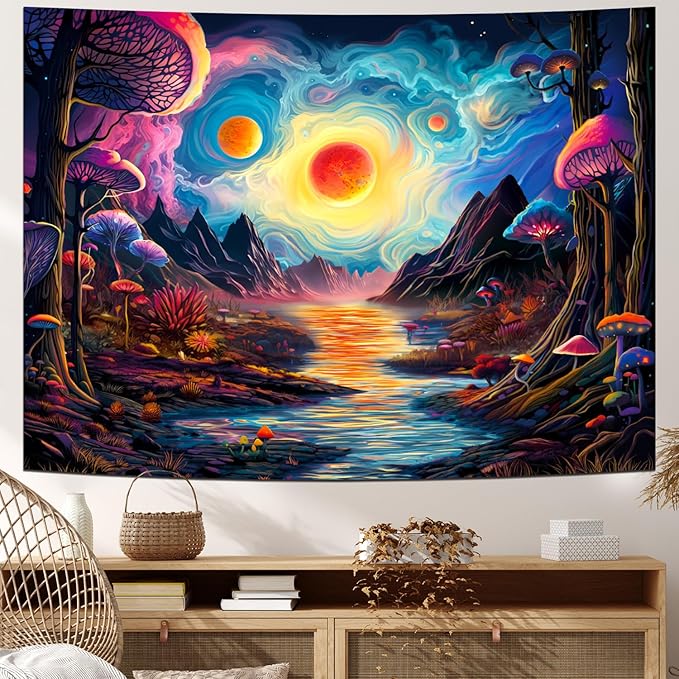 Generleo Fantasy Forest Mushroom Tapestry Galaxy Planet Tapestries Magical River Mountain Wall Decor Mysterious Starry Sky Tapestry Wall Hanging for Bedroom