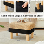 Ottoman Foot Stool Rectangular Footrest Natural Seagrass Footstool with Wooden Legs Hand Weave Multifunctional Modern Dressing Stool, Sofa Side Table for Bedroom for Living Room (Black)