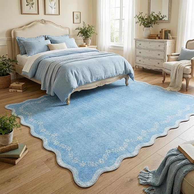 GarveeHome Scalloped Area Rugs 8x10 for Living Room, Solid Blue Large Washable Rug Soft Non Slip Backing Floor Mat Carpet Indoor Thin Rug for Bedroom Dining Room Playroom Nursery Home Decor