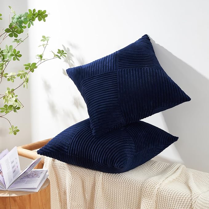 Topfinel Blue Decorative Throw Pillow Covers 22x22 Set of 2 Boho Farmhouse Fall Home Decor Soft Corduroy Textured Striped Blue Pillow Covers for Autumn Living Room Sofa Couch Bed