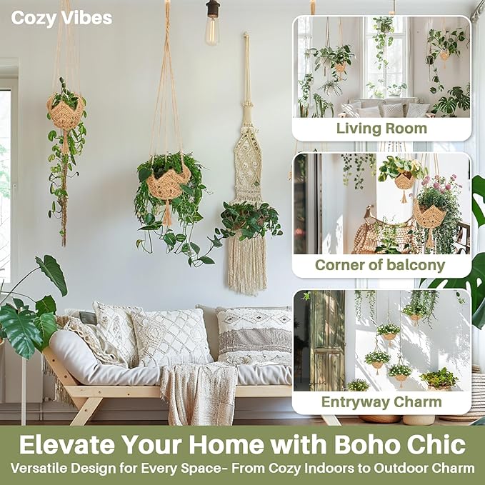 Macrame Plant Hangers Indoor - 2 Packs Hanging Planters for Indoor Plants Boho Plant Hangers Hanging Plant Holder for Boho Home Decor Made of Jute with 2 Hooks