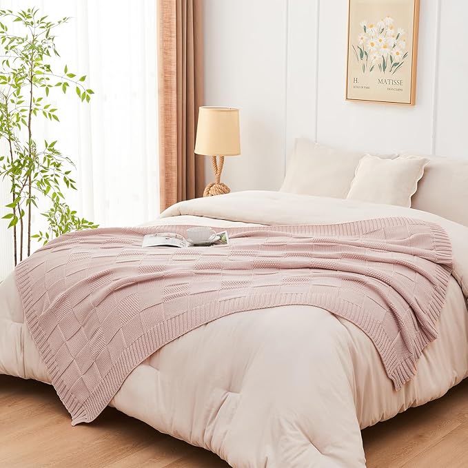 CozeCube Check Knit Throw Blanket, Pink Checkered Throw for Couch, Decorative Christmas Soft Cozy Warm Knitted Blanket for Bed Sofa Living Room, 60"X80"