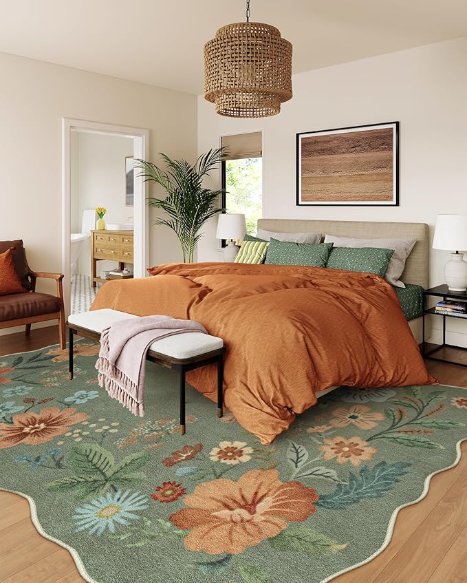 Lahome Floral Washable Rugs 8x10, Non-Slip Soft Green Rug Stain Resistant, Ultra-Thin 8x10 Rugs for Living Room Easy Clean Boho Accent Carpet for Dining Room Office Flore (8x10ft,Green)