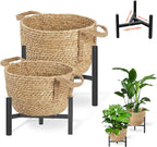 Boho Rattan Woven Stand Planter for Indoor Plant, Outdoor Tall Flower Seagrass Wicker Basket Pot Holders with Adjustable Metal Shelf(Brown)