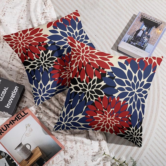 4th of July Pillow Covers 18X18 Inch Set of 2, Blue Red Black Modern Dahlia Floral Print Holiday Decorative Throw Pillow Covers Outdoor Farmhouse Cushion Case for Couch Sofa Bed Decor