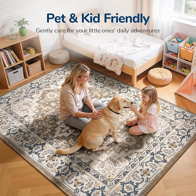 Lessymo 5x8 Area Rug for Living Room - Machine Washable Area Rugs, Super Soft Faux-Wool Area Rugs for Bedroom Kitchen, Boho Rug Vintage Floral Non-Slip Low Pile, Brown Beige