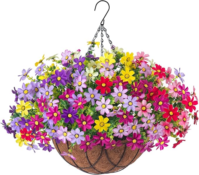 Artificial Flowers with Hanging Planter for Outdoor, Faux Silk Daisy UV Resistant Plants in Basket for Indoor Porch Garden Yard Spring Summer Decor(Rose Yellow)