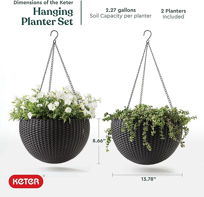 Keter Resin Rattan Set of 2 Round Hanging Planter Baskets for Indoor and Outdoor Plants-Perfect for Porches and Patio Decor, Graphite