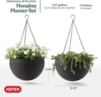 Keter Resin Rattan Set of 2 Round Hanging Planter Baskets for Indoor and Outdoor Plants-Perfect for Porches and Patio Decor, Graphite