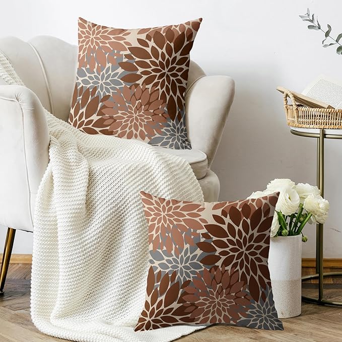Brown Grey Gray Pillow Covers 22X22 Inch Set of 2, Modern Dahlia Floral Print Decorative Throw Pillow Covers Outdoor Farmhouse Cushion Case for Home Couch Sofa Bed Decoration