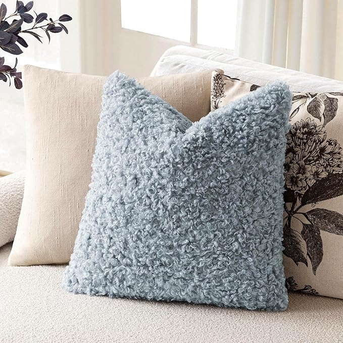 Foindtower 2 Pieces 22x22 Inch Misty Blue,Faux Fur Throw Pillow Cover Accent Sherpa Furry Pillow Covers Fuzzy Soft Pillowcases Cozy Sheepskin Decorative Fleece Cushion Case for Bed Couch Living Room