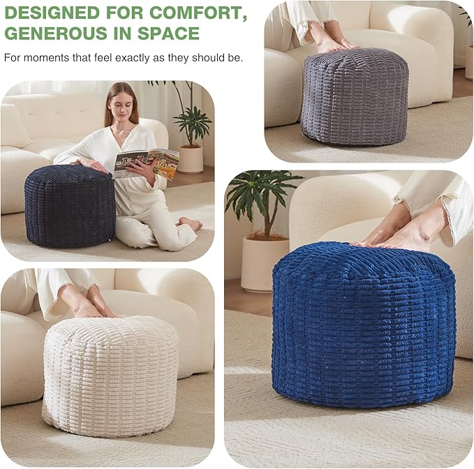 Round Stuffed Pouf, Corduroy Poufs with Foam Chunk Filling,26 X 18 Inches Floor Poufs Foot Rest for Living Room