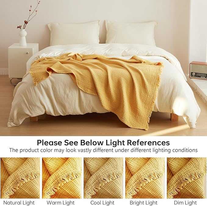 Simple&Opulence Cotton Muslin Throw Blanket 4 Layers for Bed, Couch, Woven Gauze Blanket with Tassels, Soft Lightweight Cozy Pre-Washed Breathable Farmhouse Decoration for All-Season(Yellow)