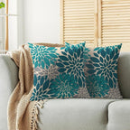 Teal Grey Gray Pillow Covers 18X18 Inch Set of 2, Spring Modern Geometry Dahlia Floral Print Decorative Throw Pillow Covers Outdoor Farmhouse Cushion Case for Couch Sofa Bed Decor