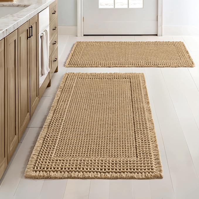 MIULEE Set of 2 Waffle Bathroom Rugs, Boho Bath Rug Super Absorbent, Non Slip Washable Ultra Soft Rubber Backed Shower Bath Mats for Floor, Tub, Shower, Bordered Design, Brown, 18x30 Inch