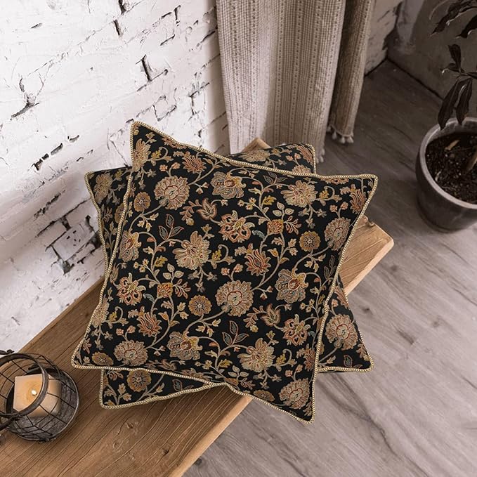 Vintage Tapestry Floral Soft Velvet Throw Pillow Covers Set of 2 Black Brown Bohemian Boho Carpet Flowers Decorative Pillow Covers 20x20 Inch Rustic Retro Rug Pillow Case For Sofa Couch Home Decor