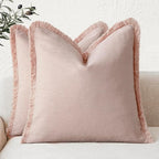 Foindtower Set of 2 Decorative Linen Fringe Throw Pillow Covers Cozy Boho Farmhouse Cushion Cover with Tassels Soft Accent Pillowcase for Couch Sofa Bed Living Room Home Decor,26×26 Inch,Light Pink