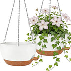 2 Pack 12 Inch Self Watering Hanging Planters for Indoor Plants, Large White Brown Plastic Hanging Pots with Chains for Outdoor Patio Garden Home Decor White Brown