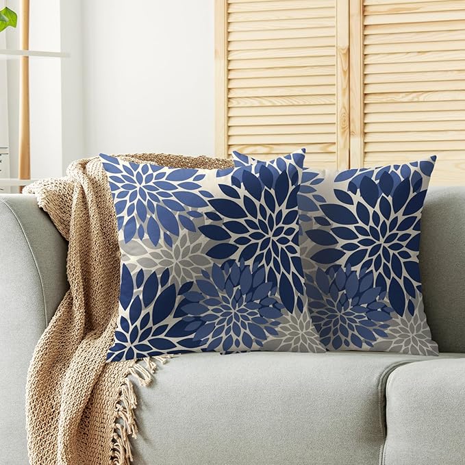 Blue Grey Gray Pillow Covers 16X16 Inch Set of 2, Dahlia Flower Spring Summer Floral Cream Decorative Throw Pillow Covers Outdoor Modern Farmhouse Cushion Case for Home Couch Sofa Bed Decor
