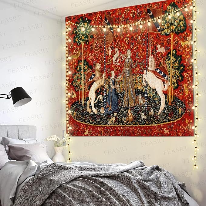 FEASRT Medieval Princess Tapestry Maiden and Unicorn - European Royal Tapestry, 60x51 Inches Soft Flannelette, for Living Room Royal Historical Decor
