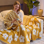 Checkered Throw Blanket, Yellow Flower Blanket for Couch, 60"x80" Soft Plaid Knit Blanket for Home Decor, Reversible Checkerered Blankets for Sofa, Chair, Bed
