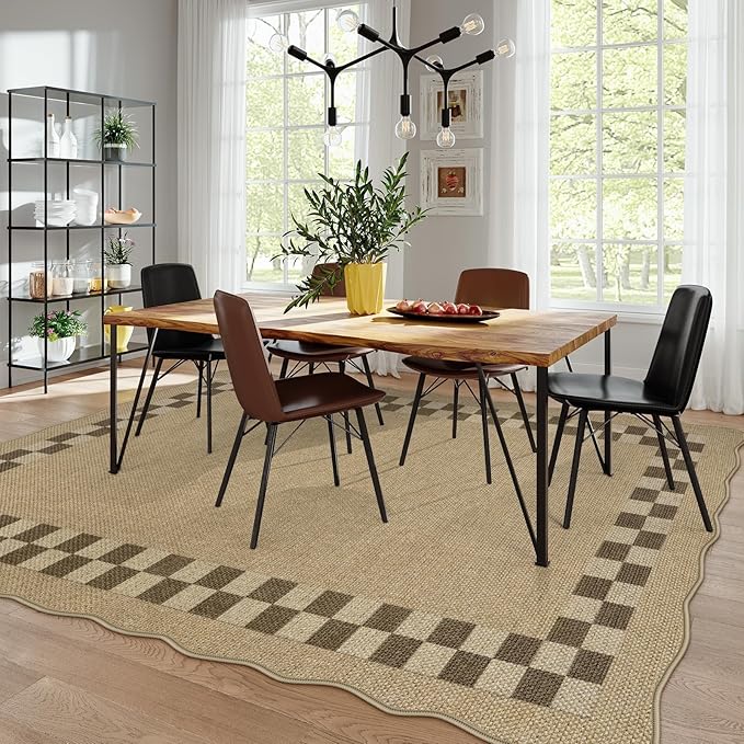 LIVEBOX Scalloped Easy Jute Checkered 8x10 Outdoor Rug, Washable Farmhouse Tan Rugs for Living Room Bedroom, Geometric Indoor Outdoor Non Slip Rug Dining Room Mat Carpet for Patio Backyard Home Decor