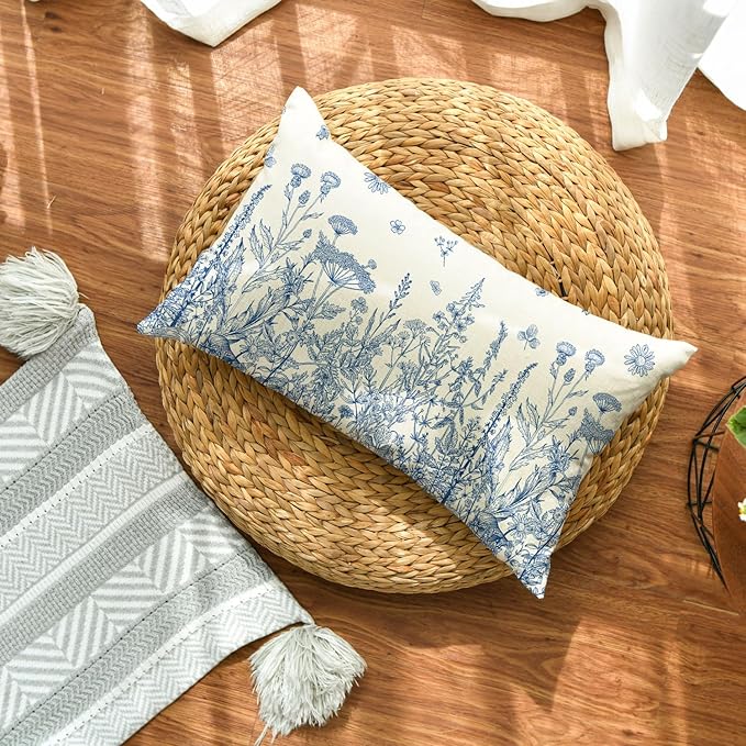 AVOIN colorlife Wildflowers Spring Summer Antique Herbs Blue Throw Pillow Cover, 12 x 20 Inch Flower Cushion Case Decoration for Sofa Couch