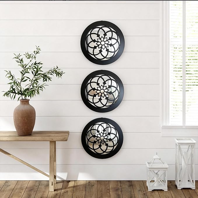 Set of 2 Boho Round Wall Mirror - Circle Matte White Metal Shatterproof Hanging for Wall Decor, Modern Farmhouse & Rustic Vintage Accent for Living Room, Dining Room, Bathroom & Entryway