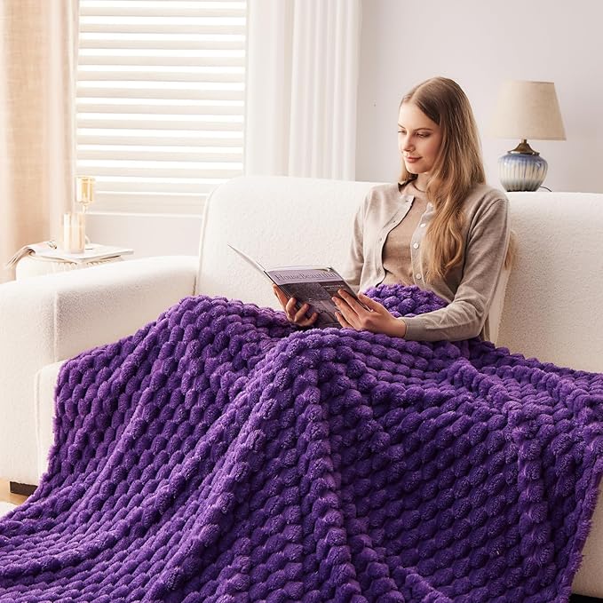 NEWCOSPLAY Super Soft Queen Blanket Purple Premium Silky Flannel Fleece 3D Clouds Stylish Jacquard Lightweight Bed Blanket All Season Use 350GSM (Purple, Queen(90"x90"))