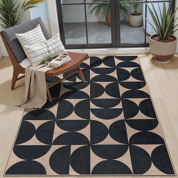 Lahome Modern Geometric Easy Jute Entryway Rug 3x5, Indoor Outdoor Washable Rug for Living Room, Neutral Semi-Circle Black Carpet for Dining Room Patio Front Door
