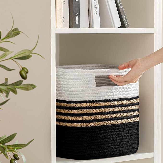UBBCARE Set of 4 Storage Cubes 11 X 10.5 X 10.5 in, Water Hyacinth Storage Bins for Shelves, Toys, Books, Organizing Baskets with Handles, Cotton Rope Woven Baskets, Black