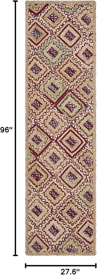 SAFAVIEH Cape Cod Collection Runner Rug - 2'3" x 8', Natural & Red, Handmade Flat Weave Diamond Braided Jute & Denim, Ideal for High Traffic Areas in Living Room, Bedroom (CAP354B)