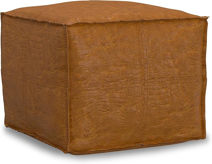 SIMPLIHOME Brody Square Pouf - 18 inch Wide Upholstered Genuine Leather Ottoman in Tan, Boho Footstool, Coffee Table or Extra Seating for Living Room or Bedroom, Assembled