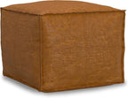 SIMPLIHOME Brody Square Pouf - 18 inch Wide Upholstered Genuine Leather Ottoman in Tan, Boho Footstool, Coffee Table or Extra Seating for Living Room or Bedroom, Assembled
