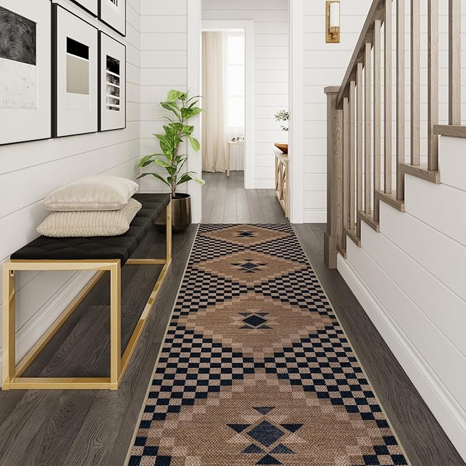 LIVEBOX Easy Jute Runner Rugs for Hallway 2x10, Non Slip Washable Rug Runner, Checkered Extra Long Rugs for Hallways, Ultra Thin Farmhouse Kitchen Rug for Hardwood Floor