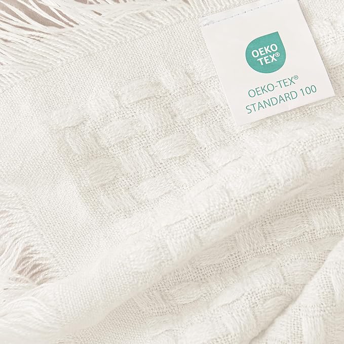 Exclusivo Mezcla Twin Size Knit Blanket with Fringes for Bed, Reversible Super Soft and Warm Woven Boho Throw for All Season, Home Decor, 60"x80", Ivory