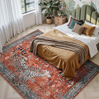 Moynesa Leopard Washable Rugs, 8x10 Area Rugs for Living Room, Soft Large Vintage 8x10 Bedroom Rug, Botanical Non Slip Ultra Thin Floor Carpet for Dining Room Home Office, Rust