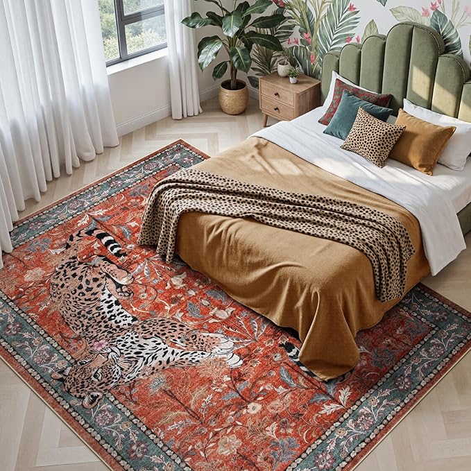 Moynesa Leopard Washable Rugs, 8x10 Area Rugs for Living Room, Soft Large Vintage 8x10 Bedroom Rug, Botanical Non Slip Ultra Thin Floor Carpet for Dining Room Home Office, Rust