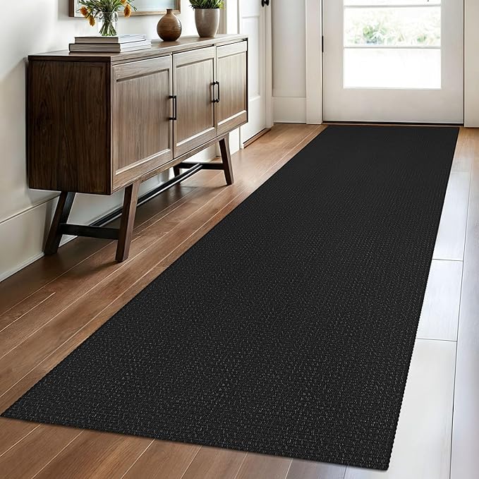 EARTHALL Woven Runner Rug 2.6x8 Ft Washable Runners for Hallways Wide Non Slip Rubber Backed Kitchen Runner Braided Indoor Floor Carpet for Entryway Hallway Kitchen Bedroom, Black/Grey