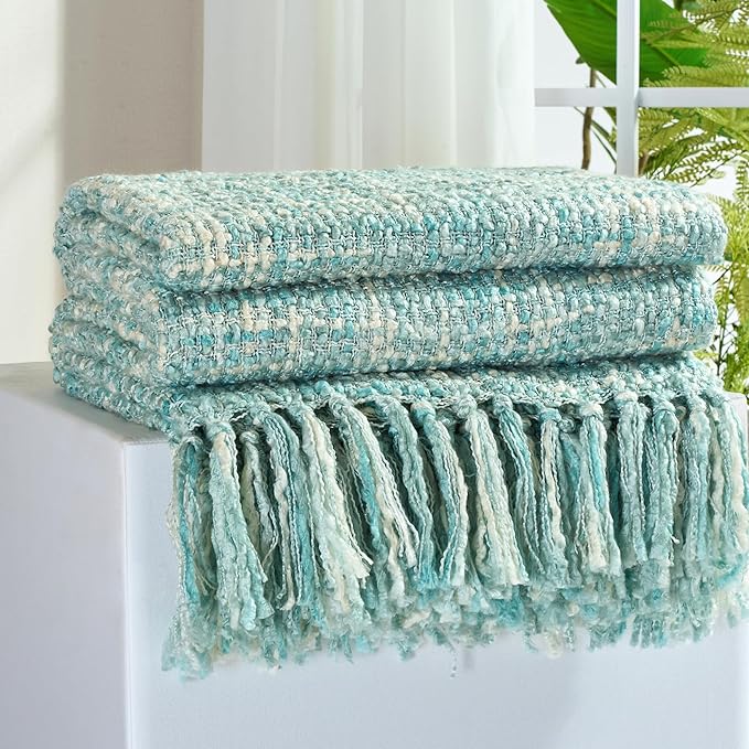 Multi-Color Turquoise Cable Woven Throw Blanket for Couch,60"X80" Boho Style Textured Blankets for Home Decor,Super Soft Warm Cozy Chunky Blanket with Decorative Tassels for Bed