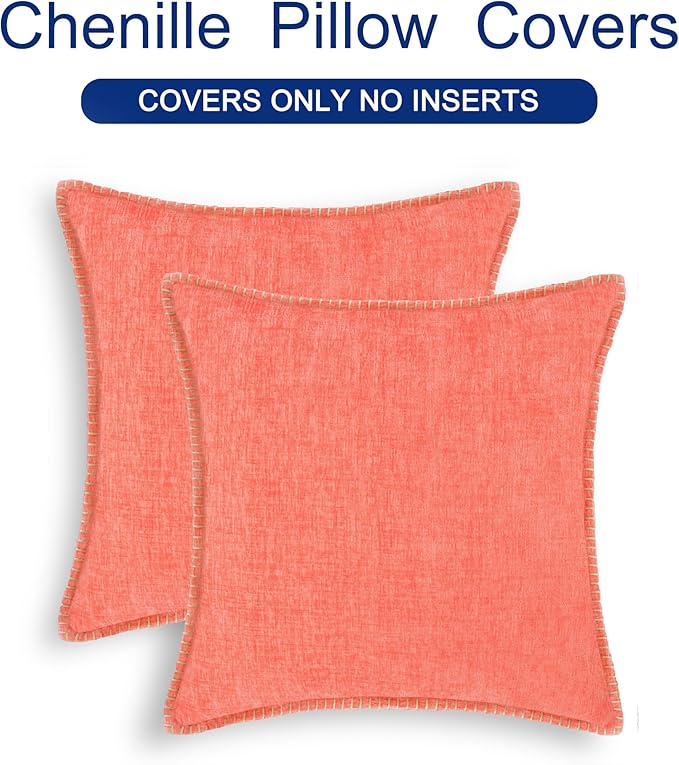 CaliTime Throw Pillow Covers Decorative 18 X 18 Inches Pack of 2 Cotton Thread Stitching Edges Solid Dyed Soft Chenille Cushion Cases for Couch Sofa Bed Living Room Farmhouse Living Coral