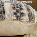 AmHoo Chenille Striped Textured Boho Throw Pillow Covers Aesthetic with Tassels Woven Decorative Pillow Case for Couch Bed Sofa Bedroom Modern Funky 18 x 18-Inch Grey White