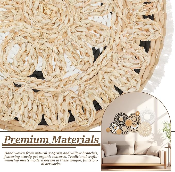 HJJWNDDNG 11 Pack Boho Wall Basket Decor Set, Hanging Woven Seagrass Rattan Wicker Boho Wall Decor, Round Farmhouse Wall Hanging Baskets Rustic Flat Wall Art for Living Room Bedroom Kitchen (Style 6)