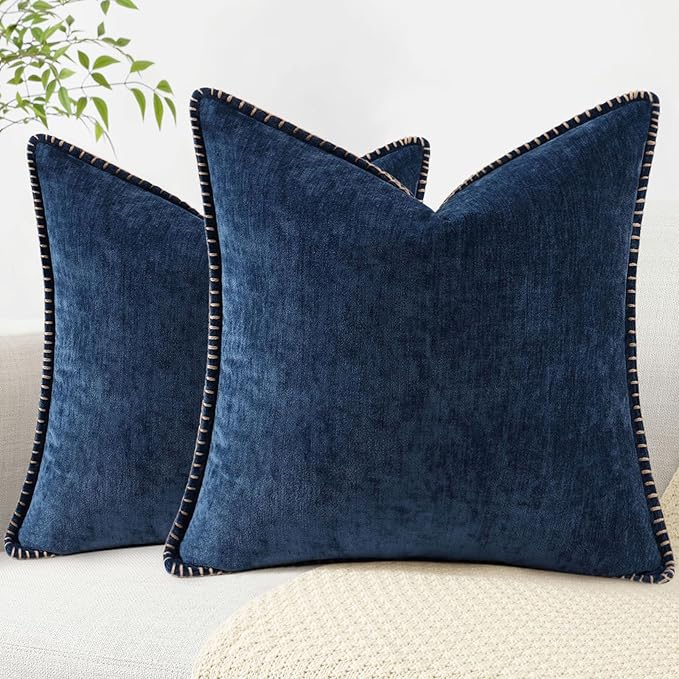 decorUhome Chenille Soft Cozy Throw Pillow Covers 16x16 Set of 2, Modern Farmhouse Boho Velvet Decorative Pillow Cases with Stitched Edge for Couch Sofa Bed Home Decor, Poseidon