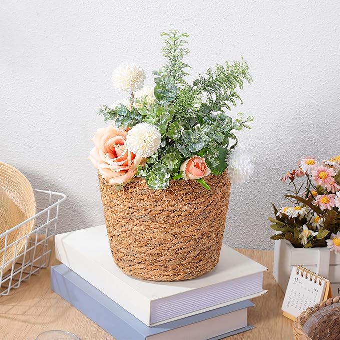 Veemoon 2pcs Wicker Planter Basket, Rustic Straw Woven Flower Basket Arrangement Flower for Plants Laundry Bin Storage Woven Plant Pot Hanging Seaweed Girl Toddler Hanging Seaweed 5. 11x5. 11x3. 54in