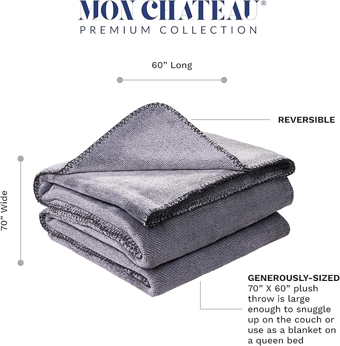 Mon Chateau 60" x 70" Fireside Mélange Throw Blanket, Contrast Stitching Soft Blanket for Queen-Size Bed, Couch, or Sofa, Cozy Home Decor and Stylish Living Room Comfort, Moonstone